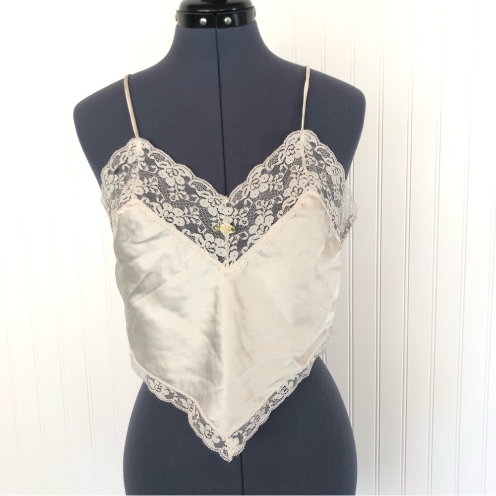 Vintage Cream Lace-Trim Silk Tank Top